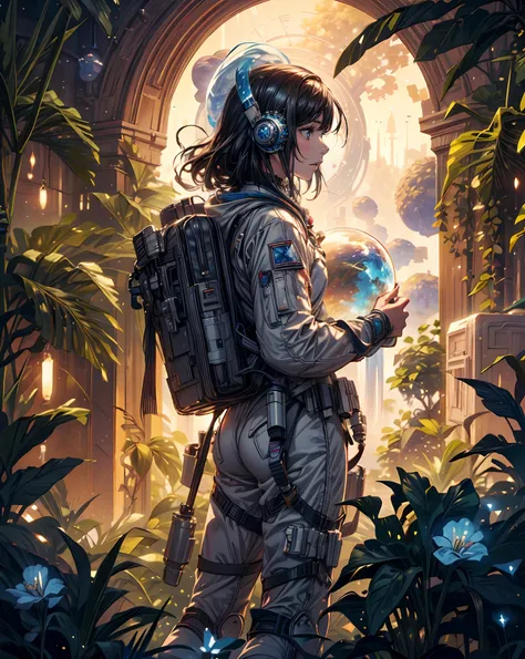 masterpiece, high quality, delicate, detailed body, detailed intricately, illustration, an astronaut wandering unknown  planet, concept art, 4k, fantasy , alien planet , overgrown world , beautiful world planet --niji 5