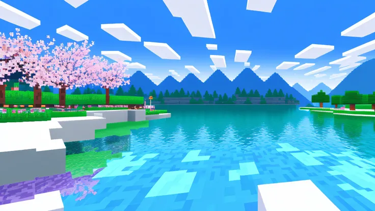 My World，Pixel block game style，Three-dimensional world，A lake，A forest of peach blossoms，A village，Surrounded by snow-capped mountains，The shade is bright，8k wallpaper masterpiece