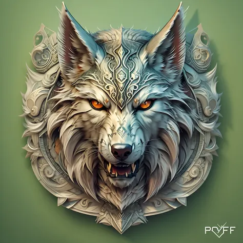 letter logo "pof", (wolf's head) symmetry, style of: ghotic, 3d, пишутся буквы p o f