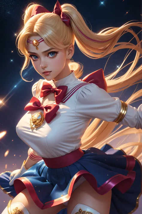 Arti modern anime. angled view, face closeup action portrait beautiful "Sailor moon", long blonde pigtails, transforming scene, leaning forward, slim body, highly ornamented and detailed "glitter crystal clothing details", ("blue skirt"), ("red chest bow")...