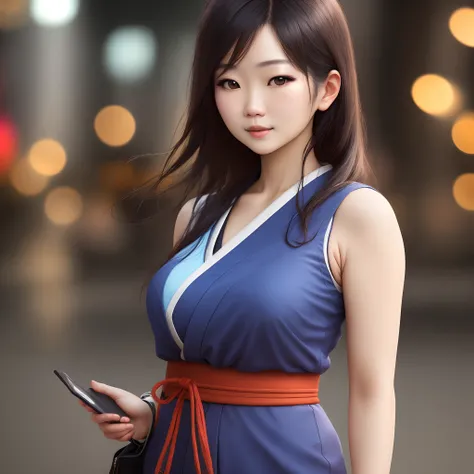 woman,japanese,blue shirt,sleeveless,realistic details, high resolution,bokeh,outstanding details