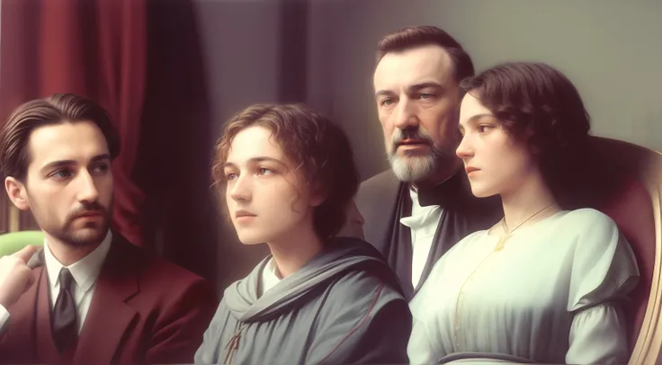 There are three people sitting next to each other in a room, inspirado em Directed by: Artur Tarnowski, Directed by: Jan Konupek, Nicodemos, inspirado em Agnolo Gaddi, cinematic, foto realista de padre pio,1920, foto realista