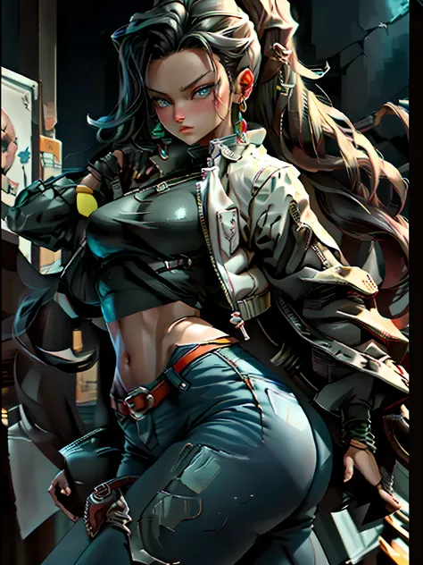 best quality, highres, and18, 1girl, android 18, solo, black hair, blue eyes, long hair, hoop earrings, chunky cuban link jewelry, leather jacket, open jacket, red shirt, jeans, medium breasts, cowboy shot, street, (Externally expanded chest: 1.2)