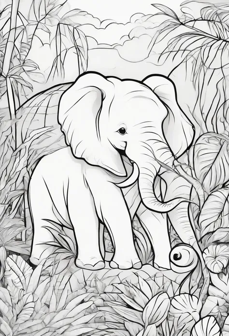 Generate black and white coloring pages of cute cartoon-style jungle animals with low detail, no shading, no shadows, no background, and no borders.