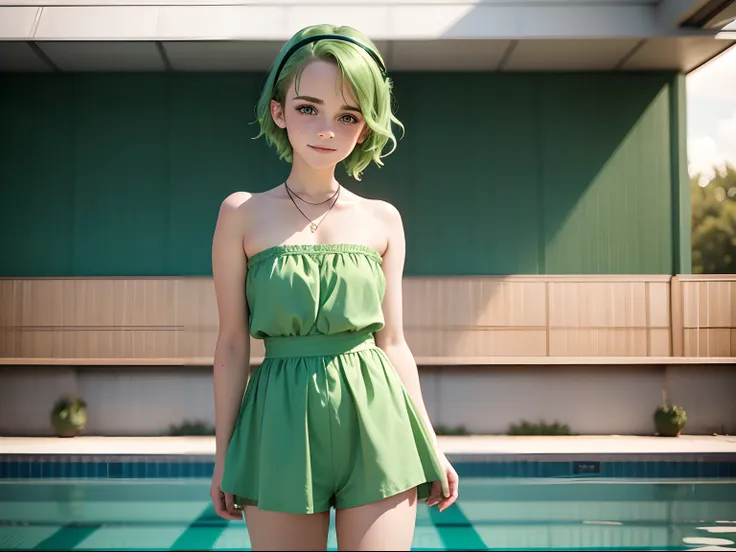 tween Emma Watson wearing a strapless green playsuit at a swimming pool, small bust, small chest, cute smile, green hair accessories, green collar, green bracelet. green hair.