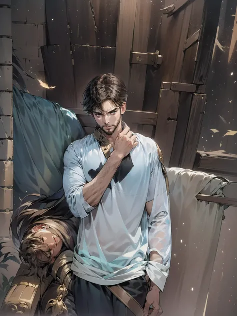 (best quality, highres, ultra-detailed), man with brown hair and a long brown beard, brown eyes, dark circles under his eyes, gold t-shirt and white cape, evil expressions, lacking lollipop, dramatic lighting