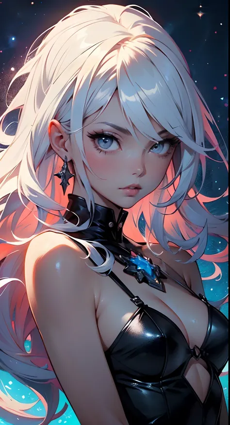 Um close-up de uma mulher com cabelo colorido e um colar, Anime Girl with Cosmic Hair, Segurando um cubo de portal, dressed in translucent lingerie, estilo de arte de fantasia, Multifacetado]", estilo de fantasia vibrante, RossDrew Cartoon Vibrante, cosmic...