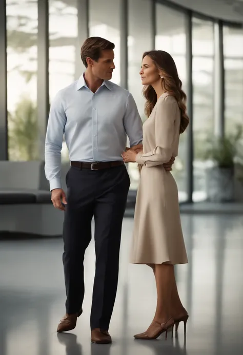 a man and a woman of 20 years if kissed in the office of the president of the company the home has brown eyes and wavy brown hair he is wearing a white shirt, a black pants a shoe of the same color as the pants the woman has wavy light brown hair she is we...