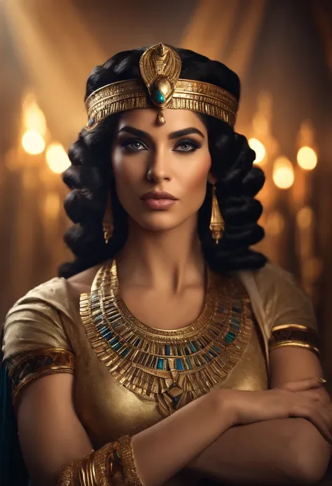 hyper-realistic beautiful portrait of Cleopatra, beautiful face, pretty eyes, camera facing, wearing egyptian crown, dramatic background, cinematic light