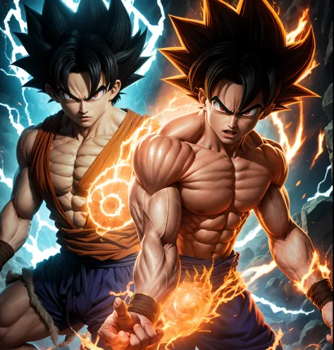 Son Goku with muscular biceps and pulsating veins, emanando uma aura poderosa e intensa