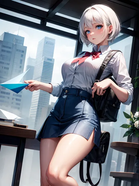 masterpiece, best quality, 8k, hi res,  1girl, white hair, curvy short hair, blue eyes, school uniform, backpack, paper planes