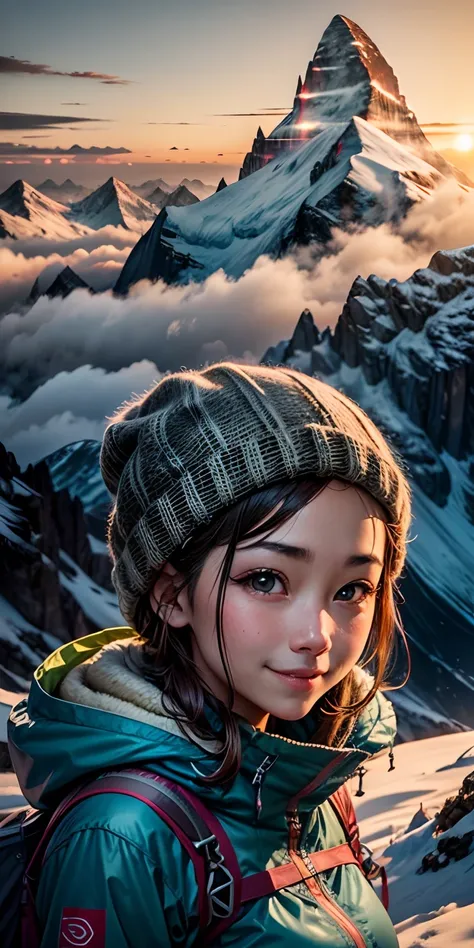 realisticlying、19 year old girl、Face to face with authentic outdoor mountaineering clothing、Admire the distant Matterhorn from the top of the snowy mountain、Beautiful sunrise、Face smile