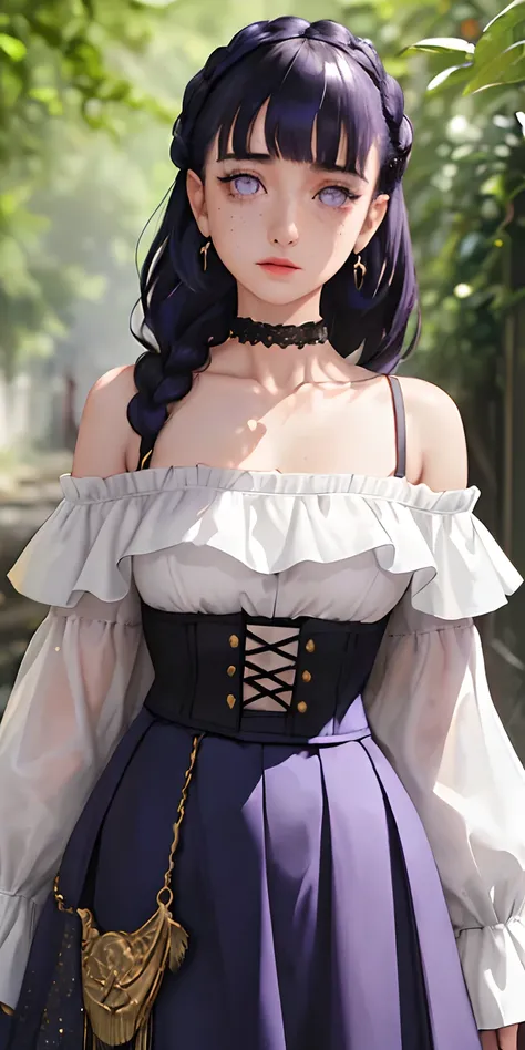 (masterpiece, best quality), 1girl, intricate details, print, earrings, freckles, upper body, bokeh, dappled sunlight,Blunt Bangs, purple eyes, long dark blue hair , off shoulder, high-waist skirt, choker, looking at viewer, french braid, clothing cutout, ...