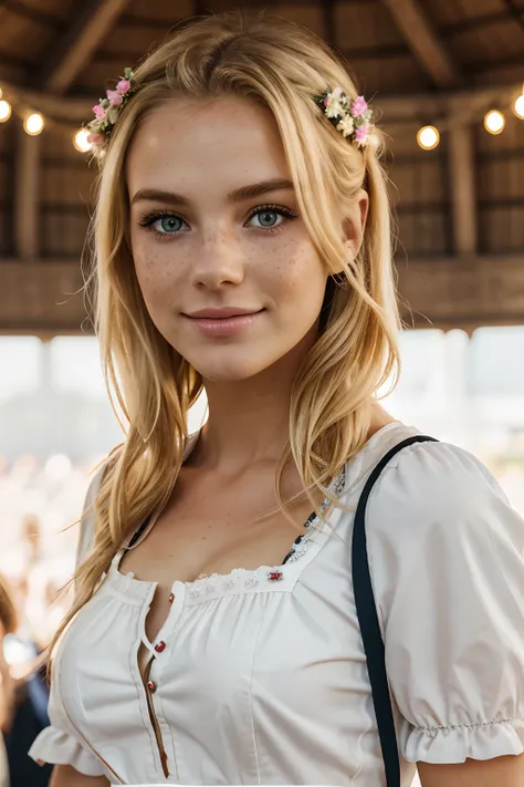 blonde natural beauty, freundliches Gesicht, freckles, wears a beUTIFUL dirndl, feiert auf dem Oktoberfest, posiert, full entire body, fotorealistisch, detaillierte Haut, detaillierte Schatten, gute Figur