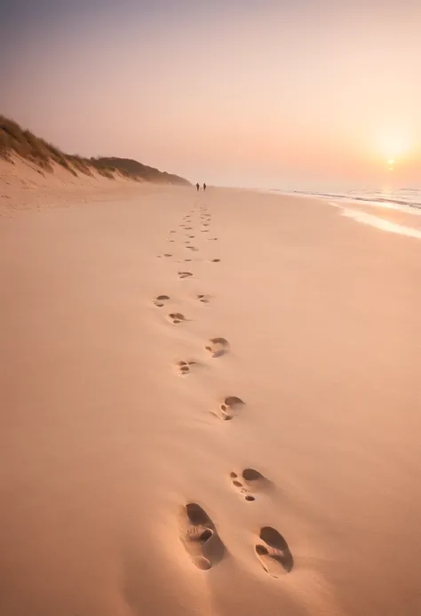 a deserted beach, two men walking in the distance side by side, leaving footprints in the sand at dusk, , Best Definition, 4k, photorealistic