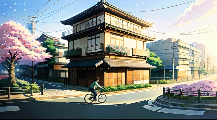 (bike: 1.5), (realistic bike: 1.5), (realistic cyclist: 1.5), tokyo, cherry blossoms, streets, urban architecture, japan, sunset, landscape background, shadows, contrast, makoto shinkai (best quality: 1.3), (Highres:1) Art by Studio Ghibli Style, Impressio...