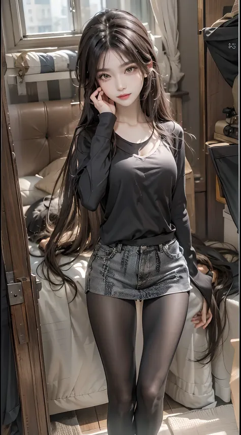 ​masterpiece、top-quality)、1 beutiful girl、A smile、Slim body、(Black and white plain clothes:1.1)、(Detailed beautiful eyes)、Bedroom、in a house、((Black long-haired))、a small face、tall、((Light brown eyes))、((Korean Girl))、((cool lady))、((cool expression))