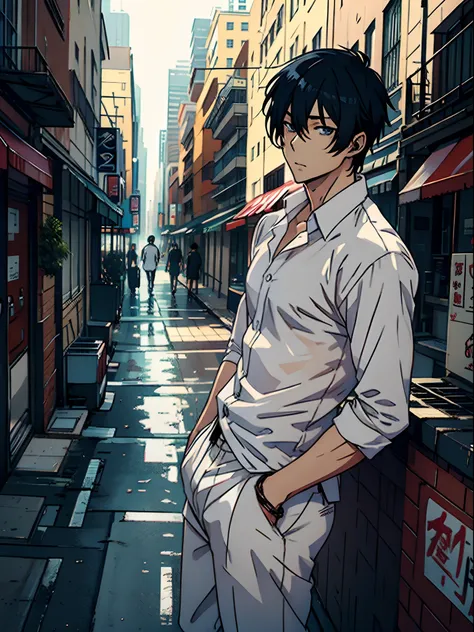 anime sexy guy in white shirt in the city