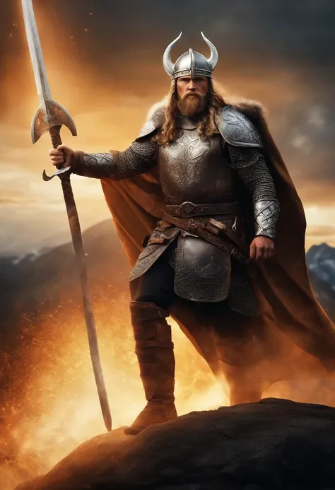 A fierce Viking warrior dressed in heavy Viking armor and wielding a formidable weapon, Showing your warrior spirit. Certifique-se de que o pano de fundo reflita a beleza acidentada de uma paisagem viking, olhos claros brilhantes, Biomechanicals, estranho,...