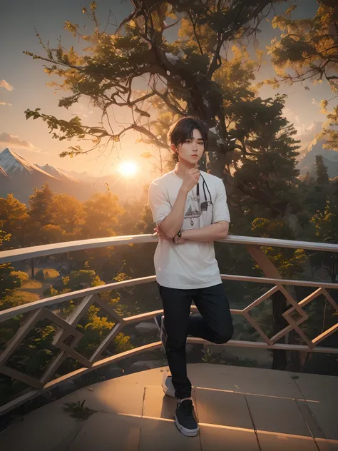 8k , AI, realistic face, ultra  realistic, background chenge sun set some trees and mountain, handsome 16 years old boy with white shirt and black musk