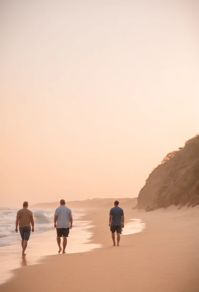 Uma praia deserta, dois homens caminhando ao longe lado a lado, deixando pegadas na areia ao entardecer, , Best Definition, 4k, fotorrealista