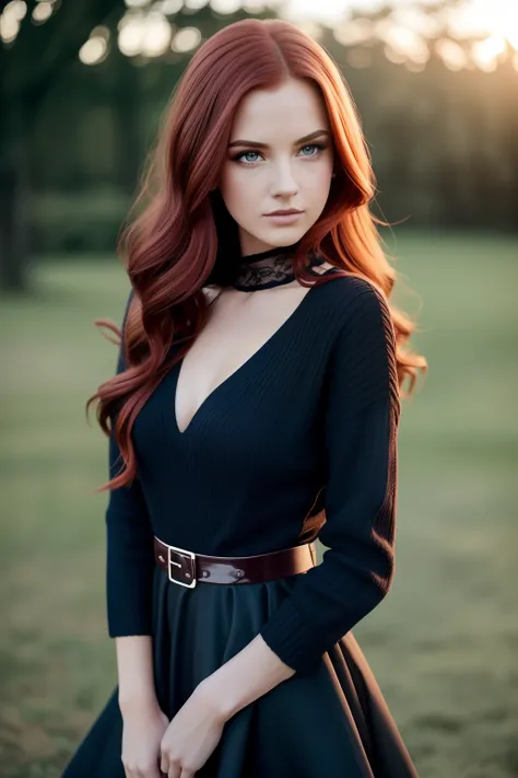 glamour, Fashion photo, Vogue Magazine, Beautiful, 18 years, Girl with disheveled red hair, pure eyes, makeup, Details, higly detailed, Fashion Magazine, standing at the front of old European castle, Sunset, rim light, Cinematic lighting,
Short black dress...