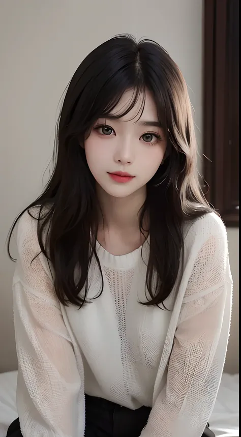 ​masterpiece、top-quality)、1 beutiful girl、A smile、Slim body、(Black and white plain clothes:1.1)、(Detailed beautiful eyes)、Photo session in the bedroom、in a house、((Black long-haired))、a small face、tall、((Light brown eyes))、((Korean Girl))、((cool lady))、((c...