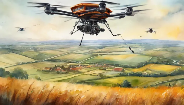 Hexacopter flying over farmland，cyber punk style，illustration，Flight stability，Unique perspective，Dynamic graphics，Full of technology。