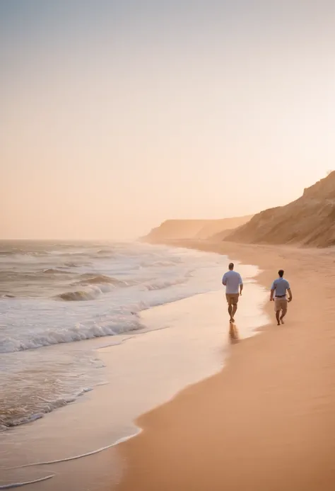 Uma praia deserta, dois homens caminhando ao longe lado a lado, deixando pegadas na areia ao entardecer, , Best Definition, 4k, fotorrealista