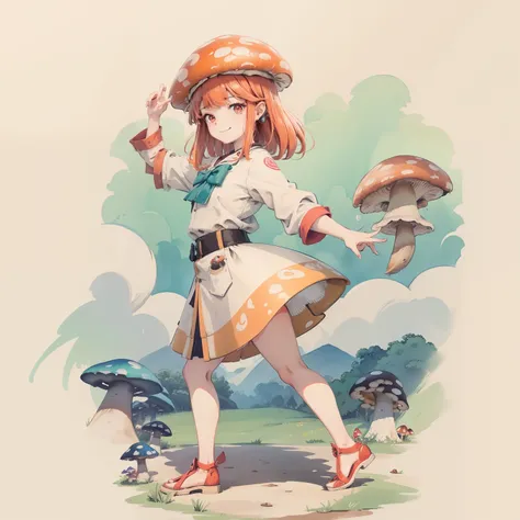 1girll, Orange hair, Red eyes, dress, (Solo:1.3),Simple drawing, Mushrooms and girls, Cute, Big smile, Mushrooms + Mushrooms + Mushrooms + Mushrooms + Mushrooms,Red mushrooms，Cyan mushrooms，White mushrooms， Mushrooms on the head, Mushrooms grow on the body...