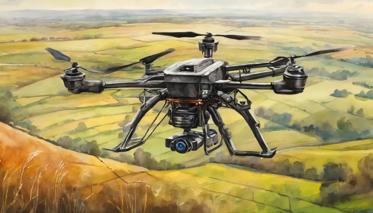 Hexacopter flying over farmland，cyber punk style，illustration，Flight stability，Unique perspective，Dynamic graphics，Full of technology。