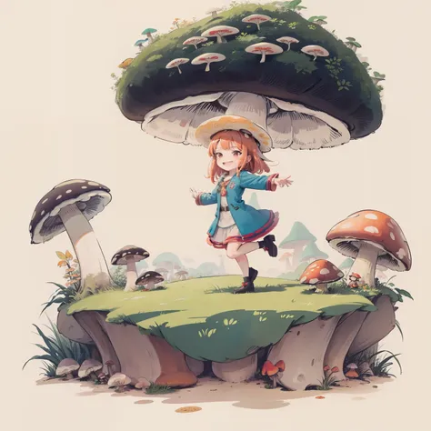 1girll, orange hair, red eyes, dress, (solo:1.3),simple drawing, mushrooms and girls, cute, big smile, mushrooms + mushrooms + m...