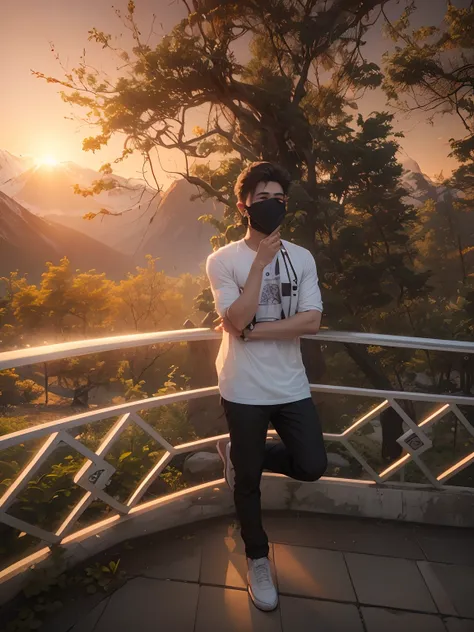 8k , AI, realistic face, ultra realistic, background change sun set some trees and mountain, handsome 16 years old boy with white shirt and black mask