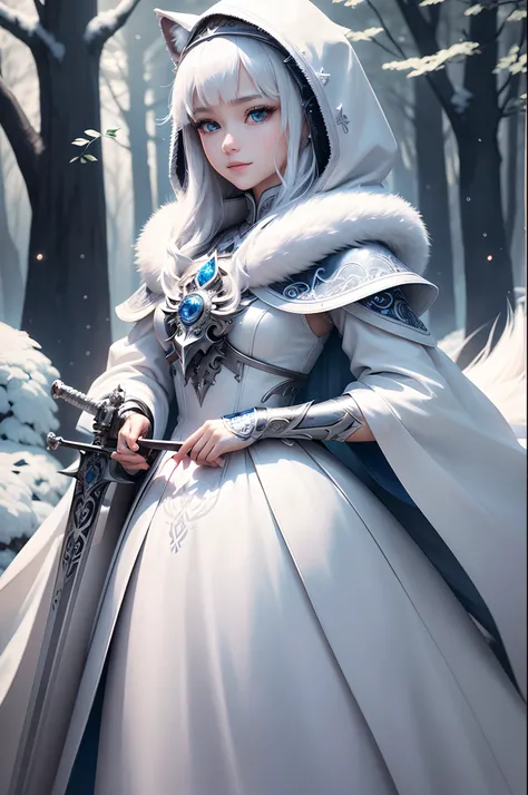 A Princess、Bright and refreshing space、White is the key.、Smiling kindly、peaceful、Tiere、Not a person、unmanned、in woods、White Wolf、cyborgs、Metal Wolf、Have a beautiful sword、Shining blue eyes、１bolt、(intricate-detail)、nffsw、(intricate-detail、ultra-detailliert:...