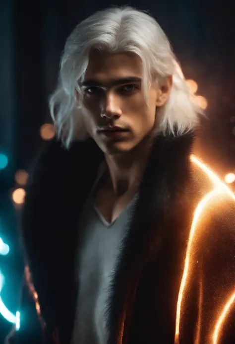 Young man, 20 years old, white hair, two block haircut , shirtless, wearing a black fur coat , reality photo, reality skin, detailed skin, glowing light eyes, Biomechanical, eerie, Creepy, nightmarish, Very bright colors, Light particles, with light glowin...