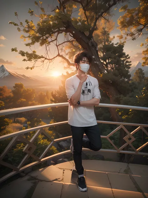 8k , AI, realistic face, ultra  realistic, background chenge sun set some trees and mountain, handsome 16 years old boy with white shirt and black mask