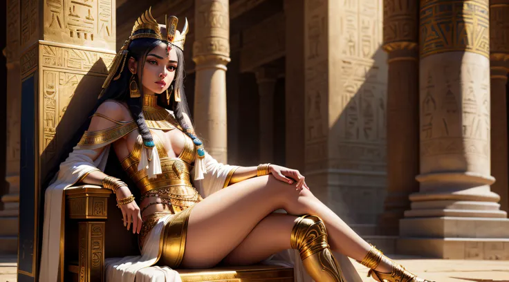 hyper realistic, ancient egyptian queen, sitting on ancient egyptian throne made of gold inside egyptian temple, wearing ancient egyptian headdress and transparent robes, legs crossed and thighs visible through slit in robe, extremely beautiful, commanding...