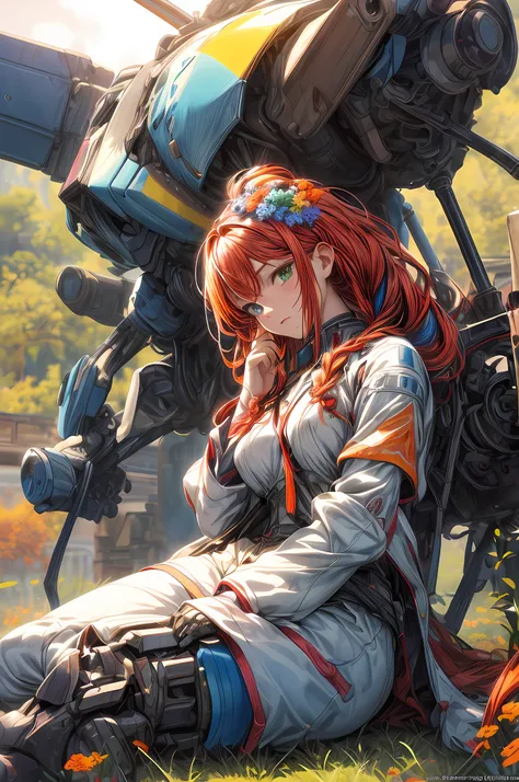 a picture of a a rainbow colored flower meadow with a mecha woman resting,  full body, an exquisite beautiful (ultra detailed, Masterpiece, best quality: 1.4) female mecha woman, dynamic angle (best detailed, Masterpiece, best quality), best detailed face ...