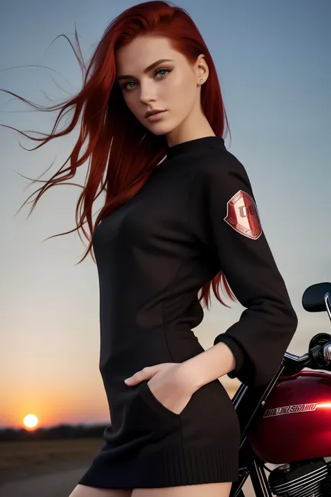 glamour, Fashion photo, Vogue Magazine, Beautiful, 18 years, Girl with disheveled red hair, pure eyes, makeup, very skinny, Details, higly detailed, Fashion Magazine, standing near a Harley-Davidson motorcycle, Sunset, rim light, Cinematic lighting,
Short ...