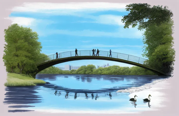 crayon illustration, by Alex Ross, there are people walking across a bridge over a river, bridge over the water, parks and lakes, white ducks on the lake, crossing the river, on a sunny day, detailed scenery, landscape illustration, highly detailed illustr...