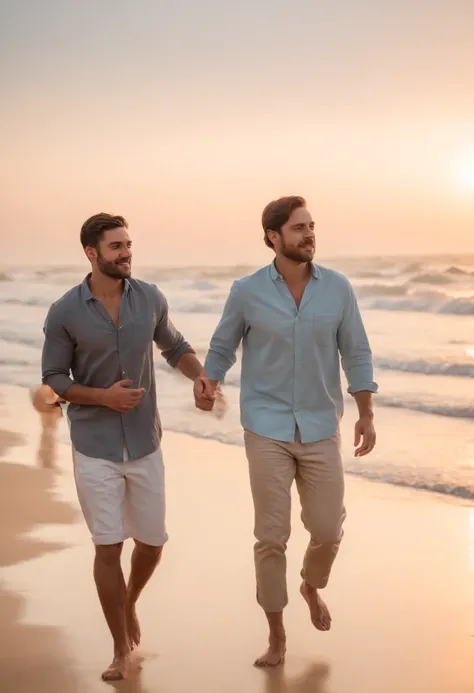 Uma praia deserta, dois homens amigos, one of them is Jesus Christ, caminhando ao longe lado a lado, having a beach setting as a background, deixando pegadas na areia ao entardecer, , Best Definition, 4k, fotorrealista