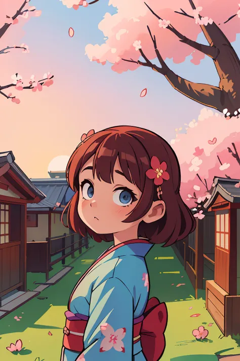 (girl,brown hair,sky-blue eyes,kimono with cherry blossom pattern,2 Japanese houses,flowering cherry tree,sunset),traditional Japanese painting,ultra-detailed,highres,vivid colors,soft lighting