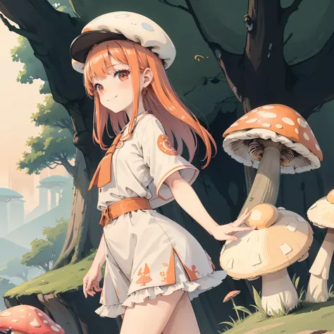 1girll, Orange hair, Red eyes, dress, (Solo:1.3),Simple drawing, Mushrooms and girls, Cute, Big smile, Mushrooms + Mushrooms + Mushrooms + Mushrooms + Mushrooms,Red mushrooms，Cyan mushrooms，White mushrooms， Mushrooms on the head, Mushrooms grow on the body...