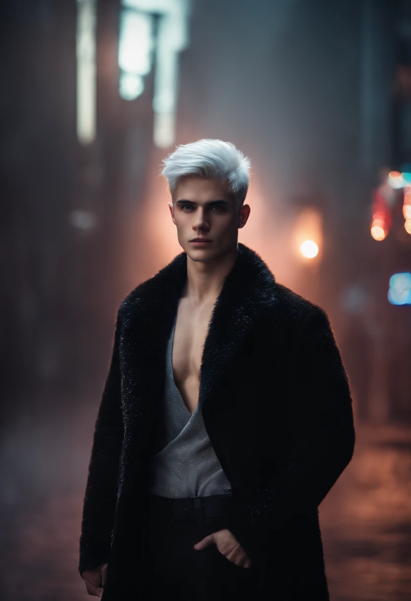 Young man, 20 years old, white hair, two block haircut , shirtless, wearing a black fur coat , reality photo, reality skin, detailed skin, glowing light eyes, Biomechanical, eerie, Creepy, nightmarish, Very bright colors, Light particles, with light glowin...