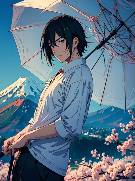 Anime sexy adult guy under a transparent umbrella, Mount Fuji, close up