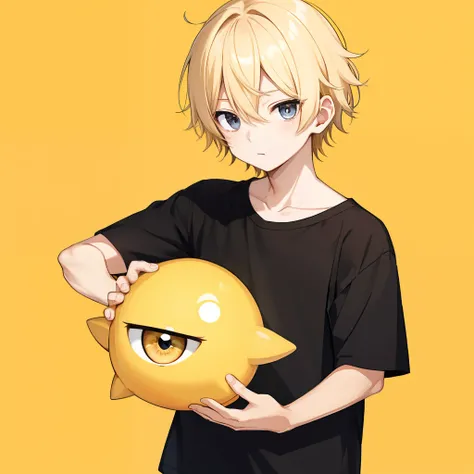 1 boy、a blond、Gold Eye、simple background、black short-sleeved shirt,