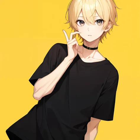 1 boy、a blond、Gold Eye、simple background、black short-sleeved shirt,