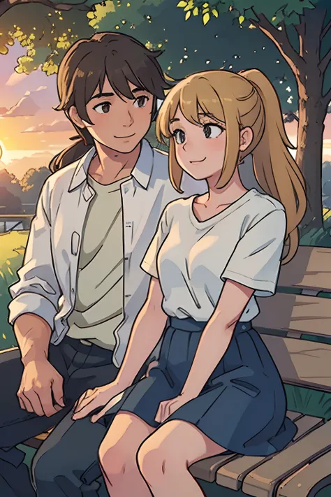 1 guy average build, choppy brown hair, brown eyes , 1 girl, blond hair, hazel eyes , sitting on a bench, park, girl with a ponytail, stunning sunset lighting, realistic landscapes, beautiful detailed eyes, gentle smile, best quality, ultra-detailed, roman...