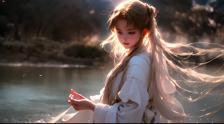 (Best quality,4K,A high resolution),(Realistic:1.37),Ultra-detailed,Loose robe, Tai Chi elements, Woman standing on top of a mountain, A glittering ball of water in the palm of her hand, tranquil ambiance, A mystical environment, Flowing energy, graceful m...