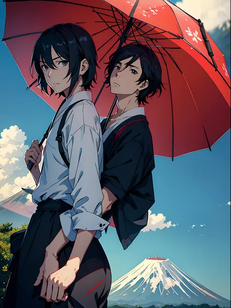 Anime sexy adult guy under a transparent umbrella, Mount Fuji, close up